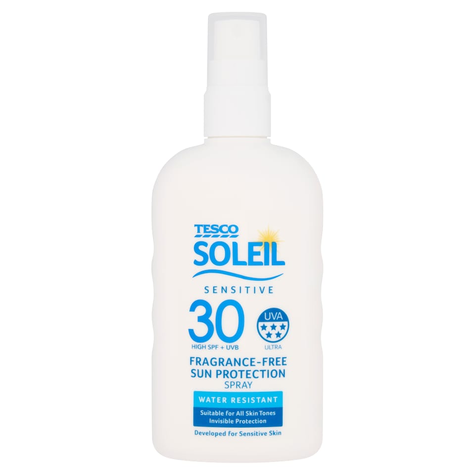 Tesco Soleil Sensitive Fragrance-Free Sun Protection Spray SPF30 200ml.