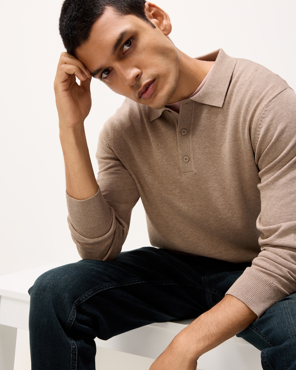 image 1 of F&F Pure Cotton Knitted Polo Jumper in Neutral