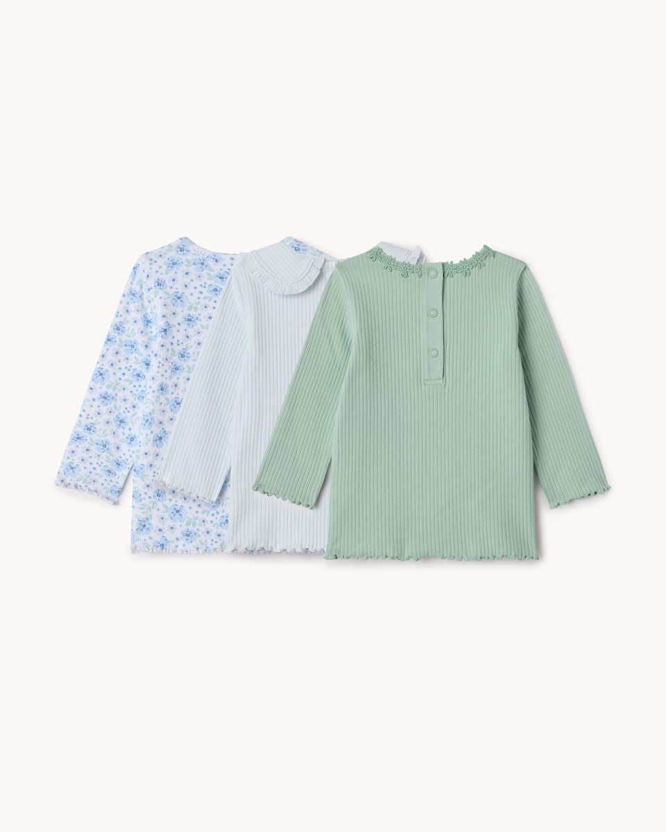 image 1 of F&F Baby 3-Pack Cotton Rich Ribbed Tops in Blue