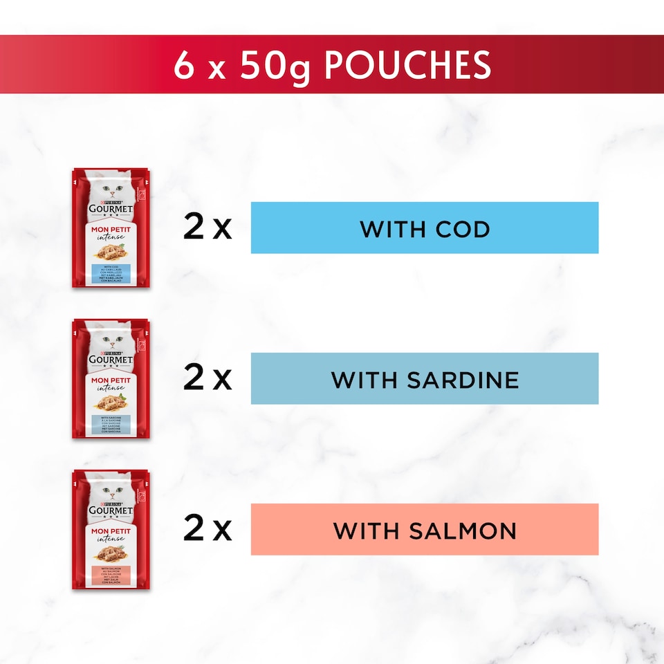 image 1 of GOURMET Mon Petit Fish Variety Cod; Sardine; Salmon Wet Cat Food 6x50g