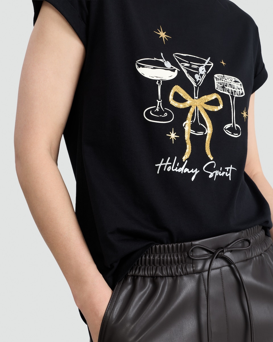 image 1 of F&F Pure Cotton Holiday Spirit Cocktail Print T-Shirt in Black