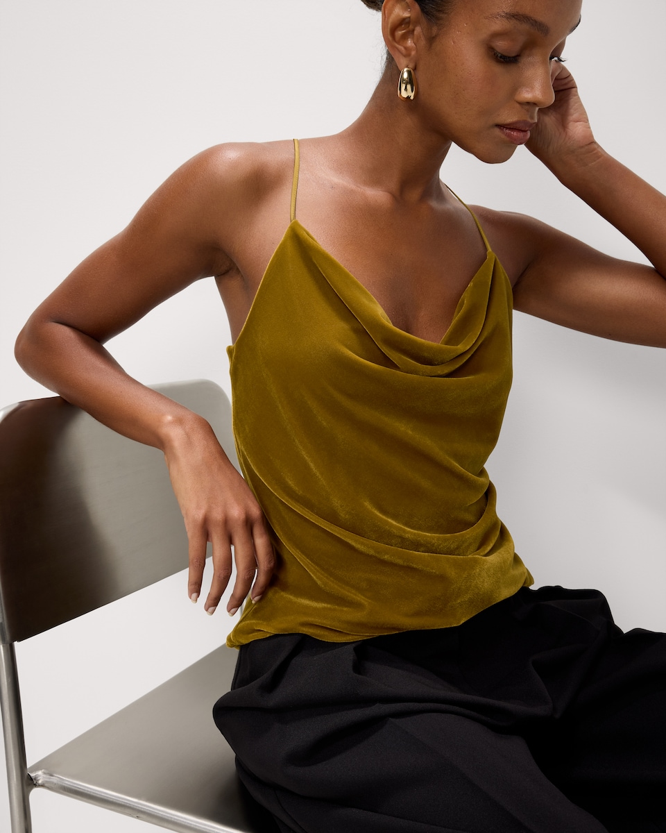 image 1 of F&F Velvet Cowl Neck Cami Top in Gold