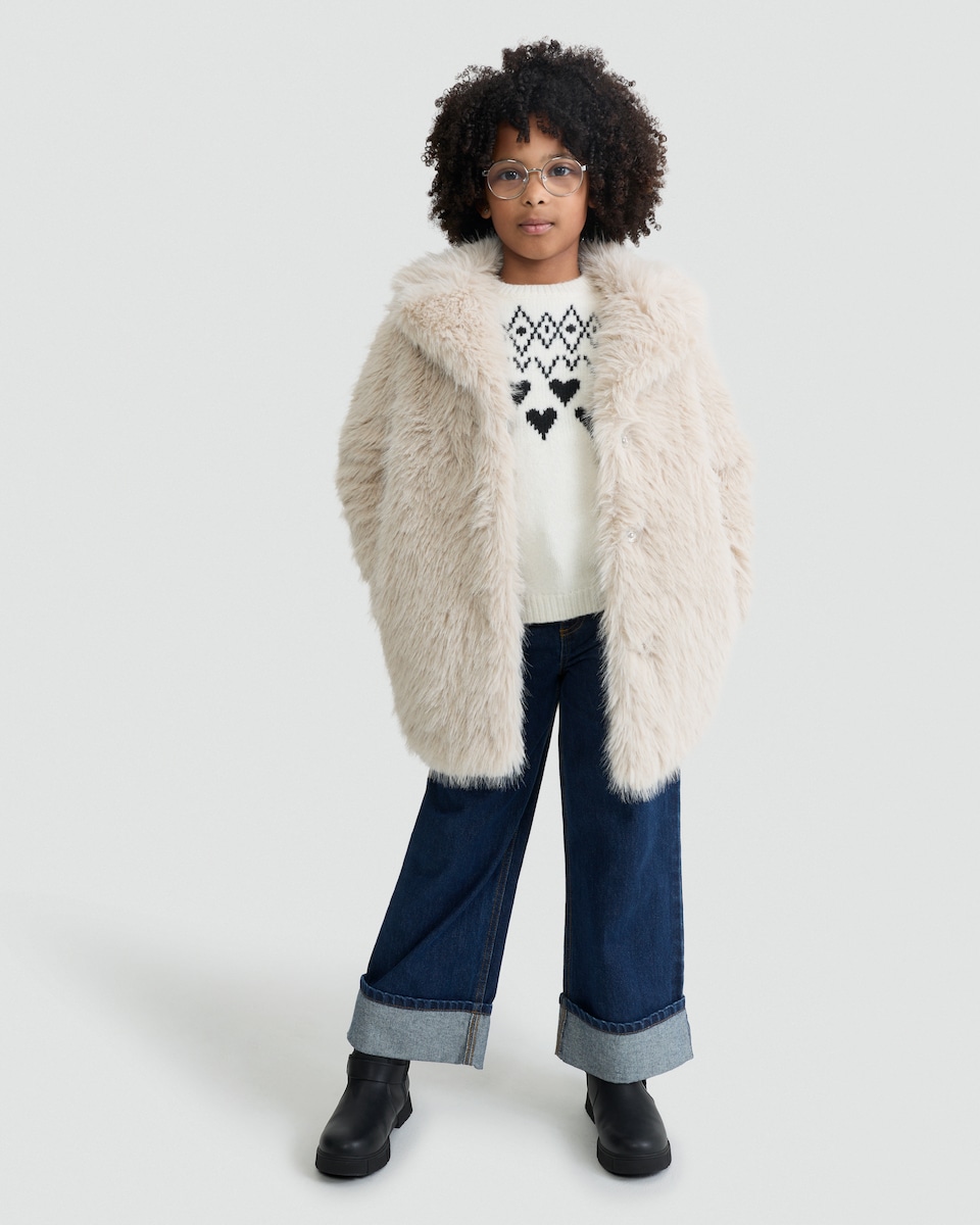 image 1 of F&F Girls Faux Fur Coat in Cream