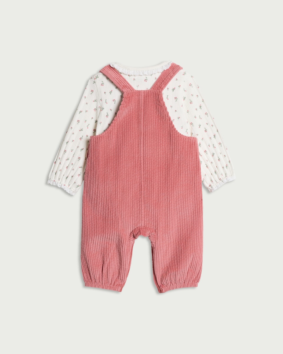 image 1 of F&F Baby 2-Piece Pure Cotton Corduroy Dungaree and Floral Bodysuit Set in Pink