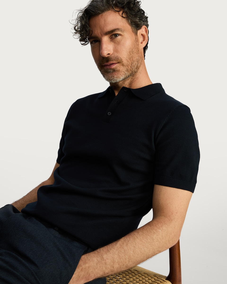 image 1 of F&F Pure Cotton Fine Knit Polo Shirt in Navy