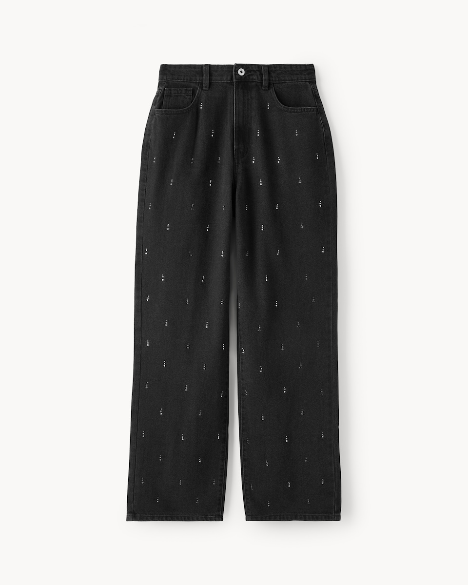 image 1 of F&F Mid Rise Embellished Straight Leg Jeans in Black