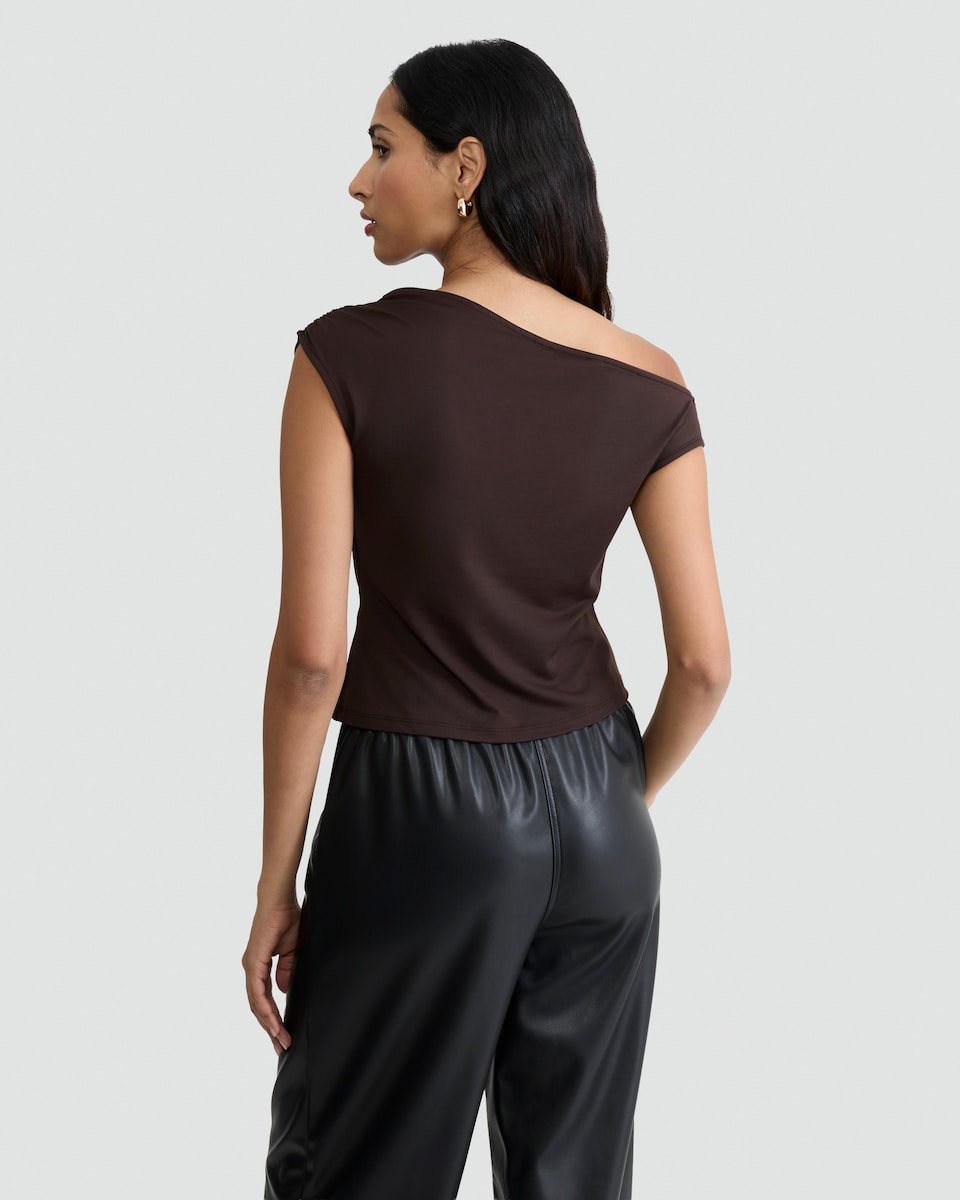 image 1 of F&F Polyamide Asymmetric Neck Sleeveless Top in Chocolate