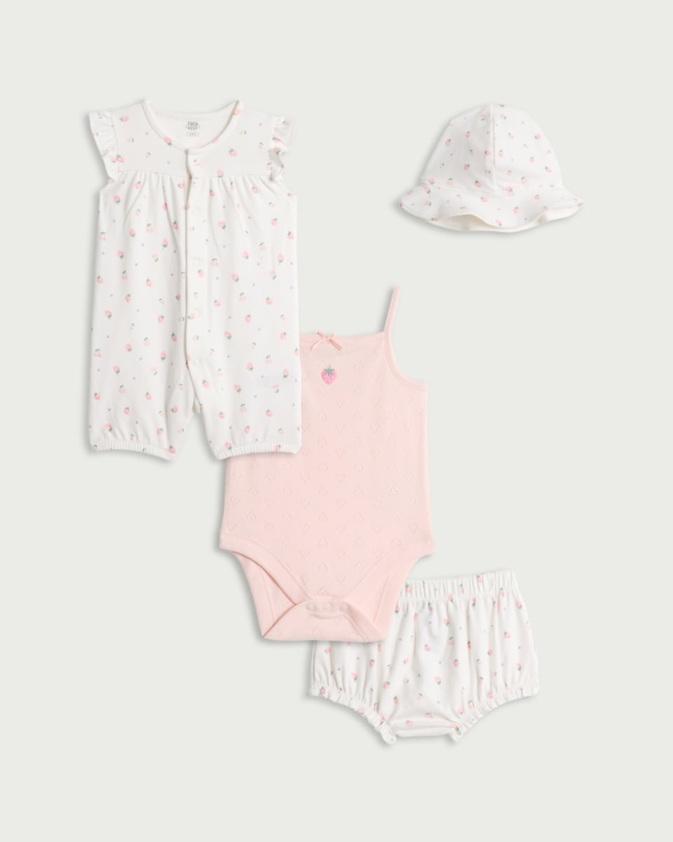image 1 of F&F Baby 4-Piece Pure Cotton Strawberry Print Bodysuit, Romper, Bloomers and Hat Set in Pink