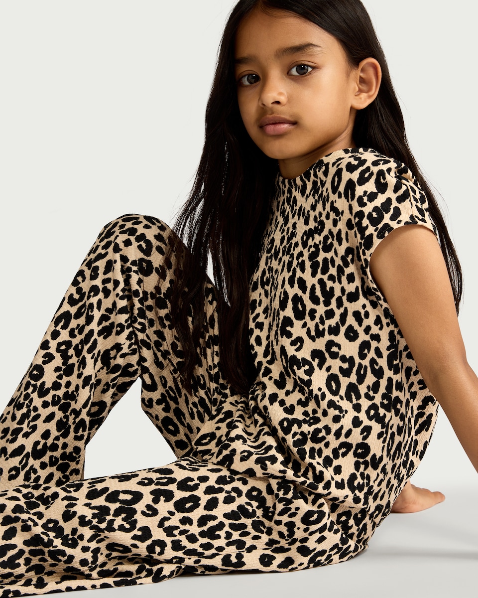 image 1 of F&F Girls 2-Piece Textured Leopard Print Top and Trousers Set in Multi