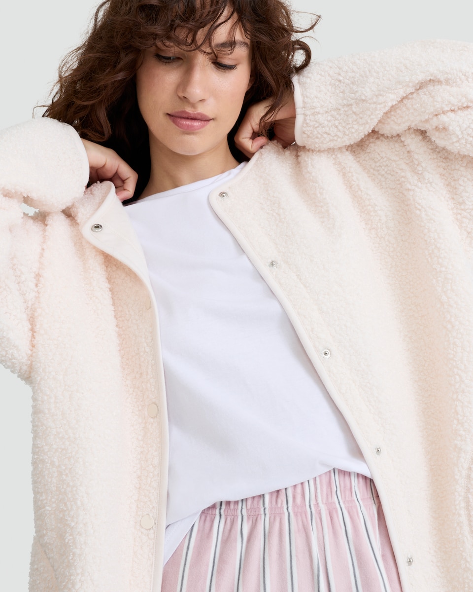 image 1 of F&F Teddy Fleece Textured Pyjama Cardigan in Cream