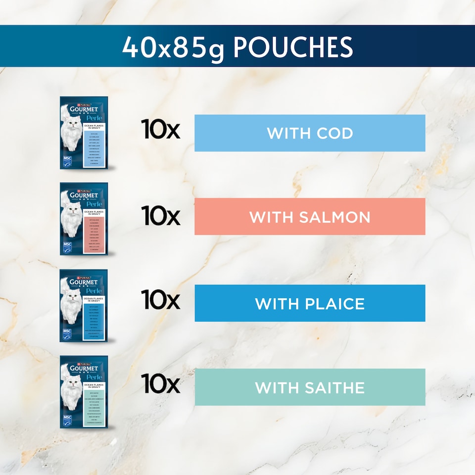 image 1 of Gourmet Perle Ocean Flakes Cod, Salmon, Plaice, Saithe Wet Cat Food 40x85g
