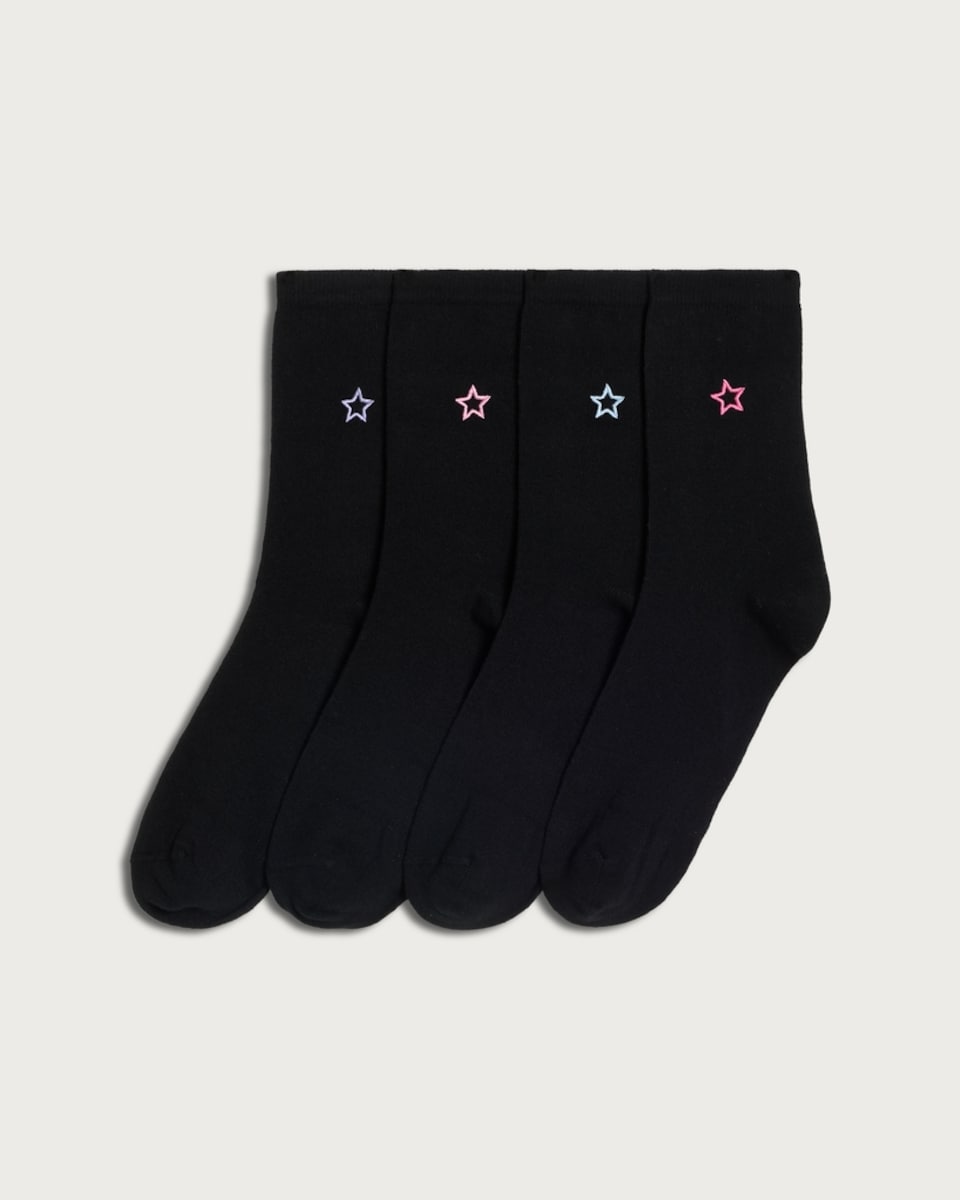 F&F 4-Pack Cotton Rich Star Embroidered Ankle Socks in Black