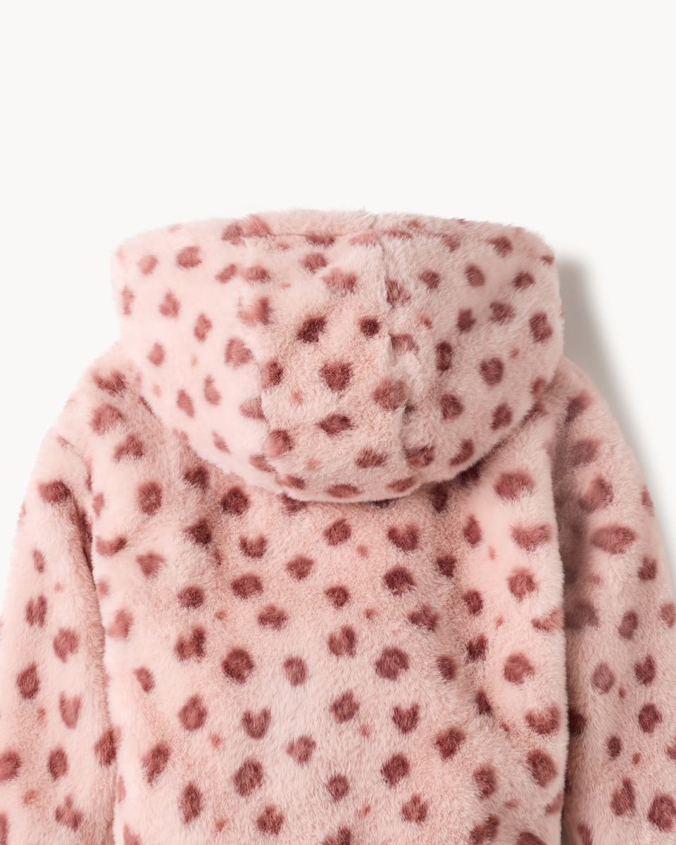 image 1 of F&F Girls Faux Fur Animal Print Jacket in Pink