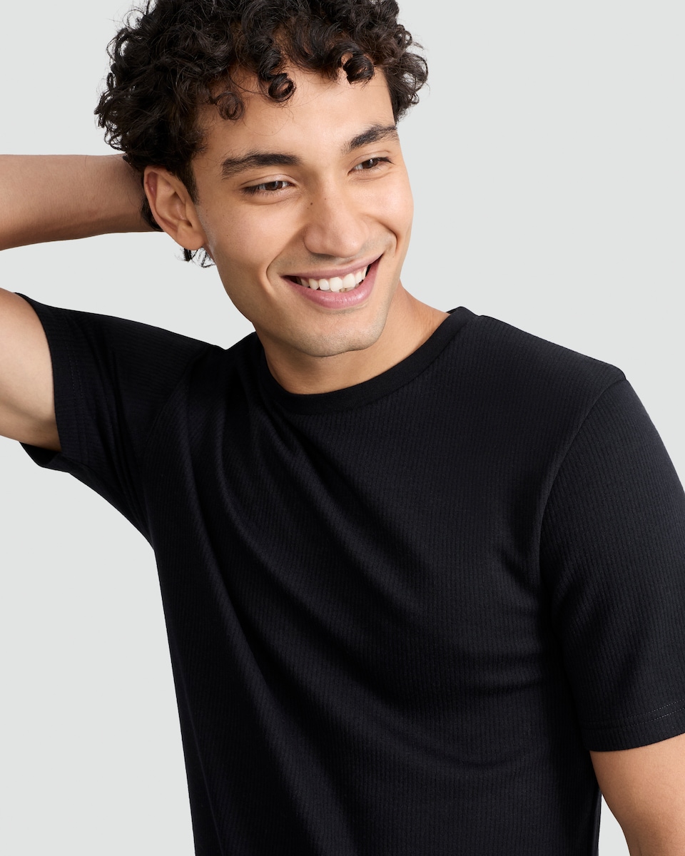 image 1 of F&F WARMPLUS™ Medium Warmth Ribbed Short Sleeved Thermal T-Shirt in Black