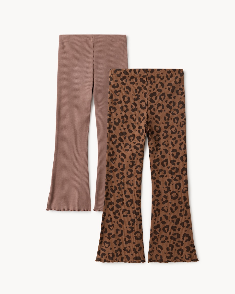 image 1 of F&F Girls 2-Pack Cotton Rich Animal Print Flared Leggings in Multi Brown