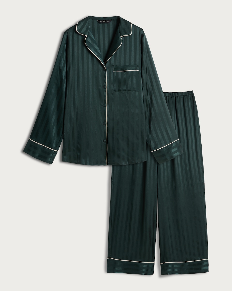 F&F Satin Stripe Print Shirt and Trousers Pyjamas in Green