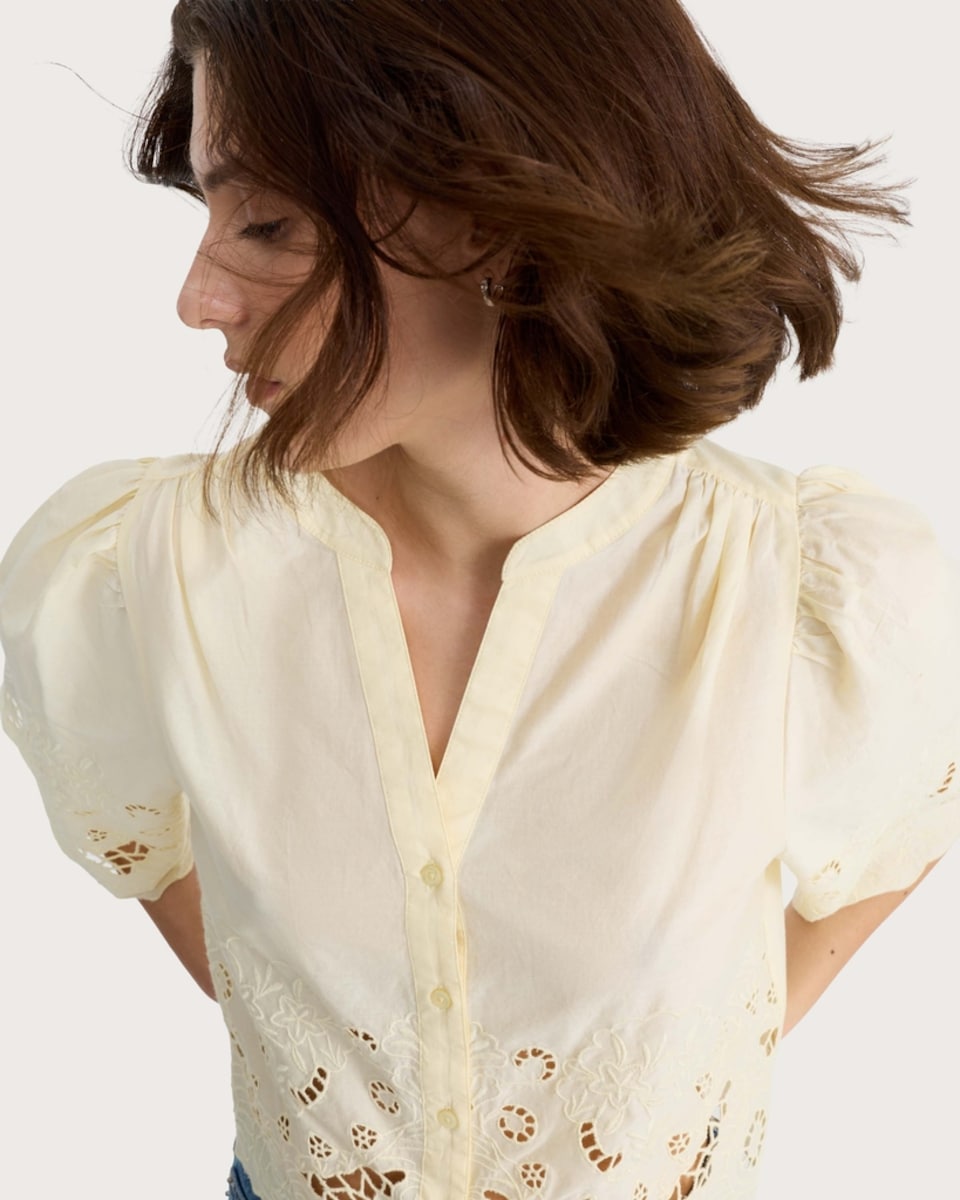 image 1 of F&F Pure Cotton Broderie Cut Out Co-ord Blouse in Yellow