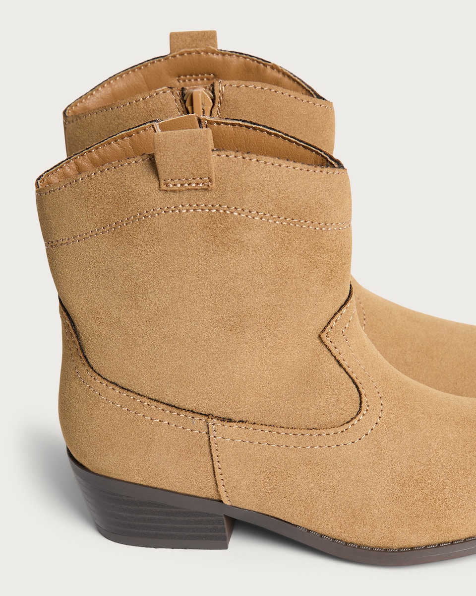 image 1 of F&F Girls Stitch Detail Western Ankle Boots in Tan