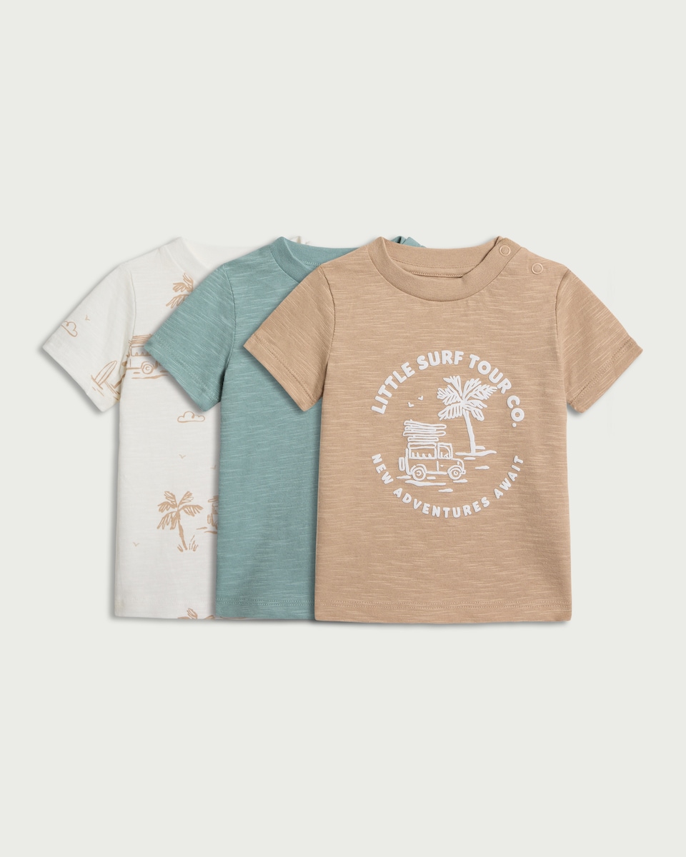 F&F Baby 3-Pack Pure Cotton Surf Print T-Shirts in Brown