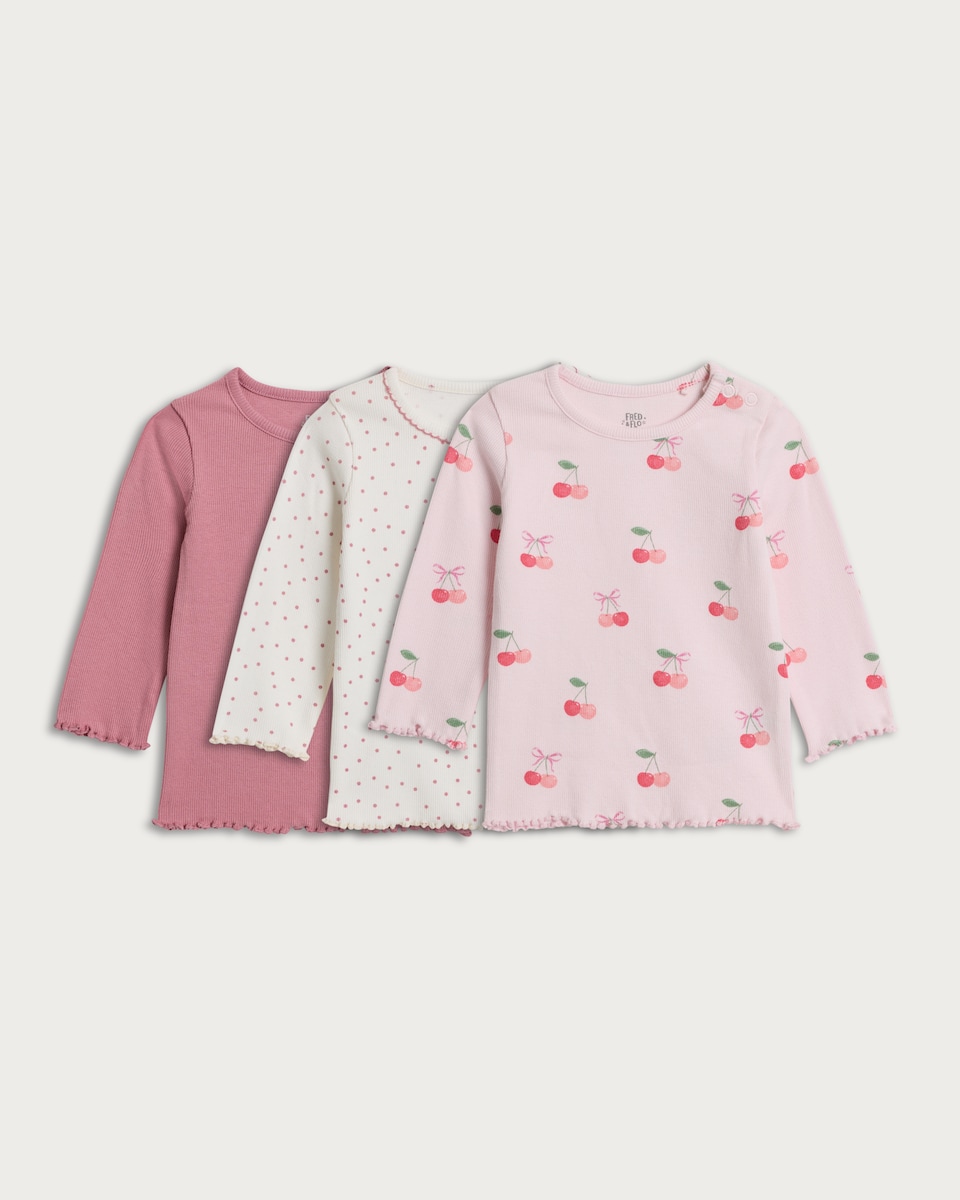 image 1 of F&F Baby 3-Pack Cotton Rich Cherry Print Long Sleeved Tops in Pink