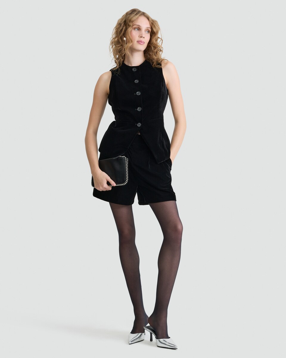 image 1 of F&F Velvet Pleated High Waisted Shorts in Black