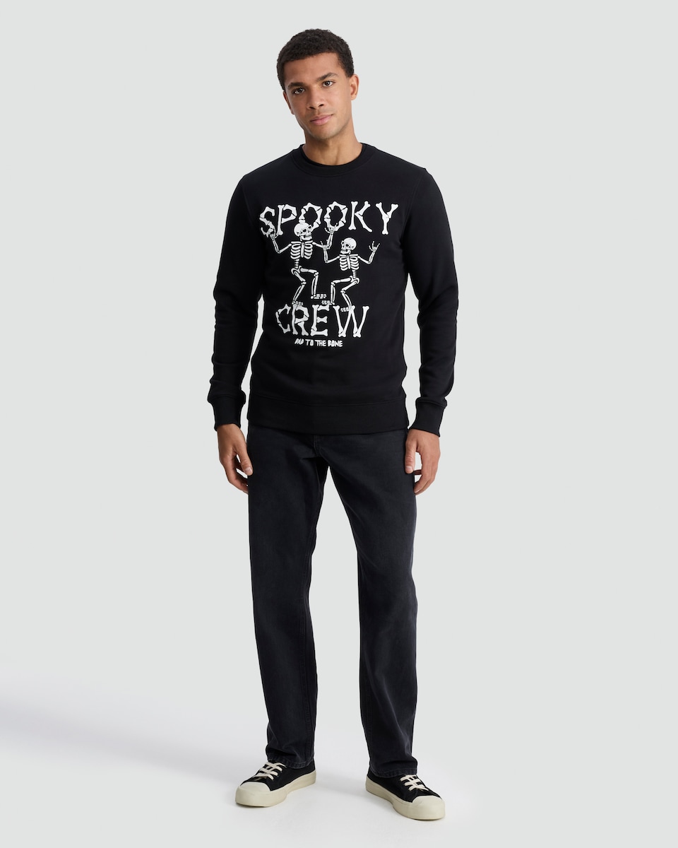 image 1 of F&F Cotton Rich Spooky Crew Skeleton Print Sweatshirt in Black