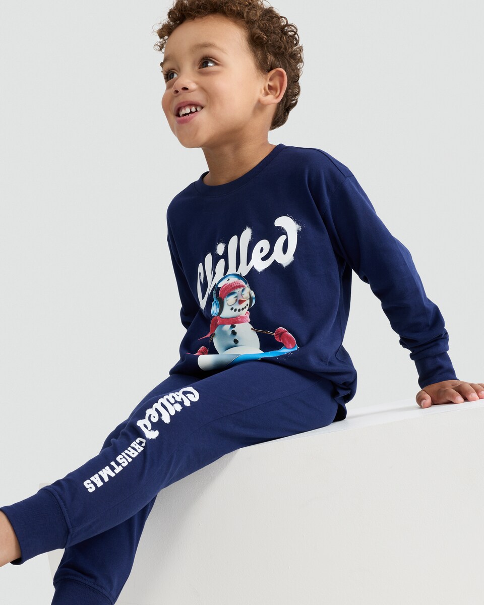 image 1 of F&F Pure Cotton Chilled Christmas Top and Cuffed Joggers Pyjamas in Navy