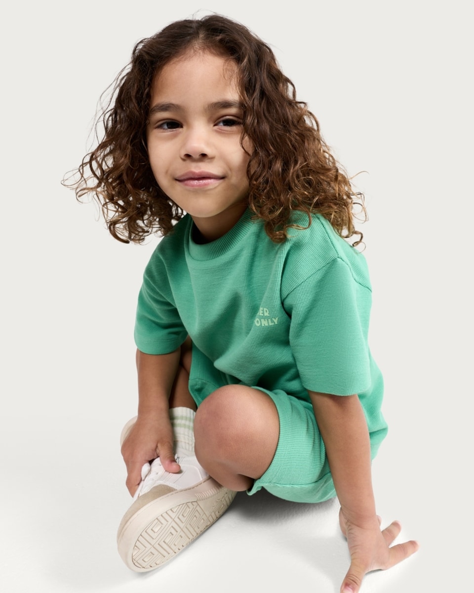 image 1 of F&F Boys 2-Piece Cotton Rich Waffle Textured T-Shirt and Shorts Set in Green