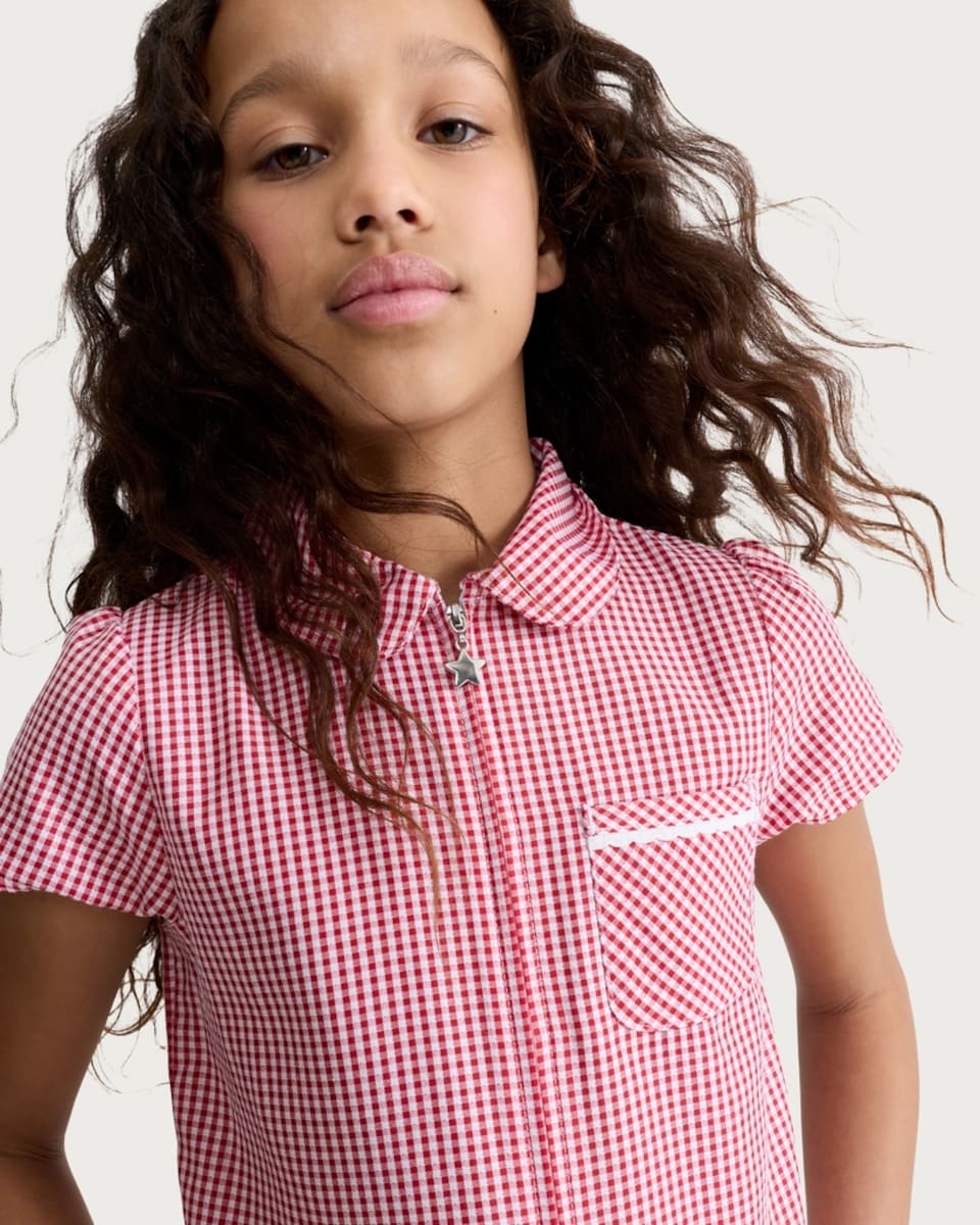 image 1 of F&F School Girls 2-Pack Gingham Short Sleeved Playsuits in Red