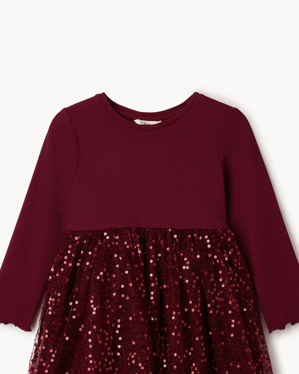 image 1 of F&F Girls Sequin Tulle Dress in Burgundy