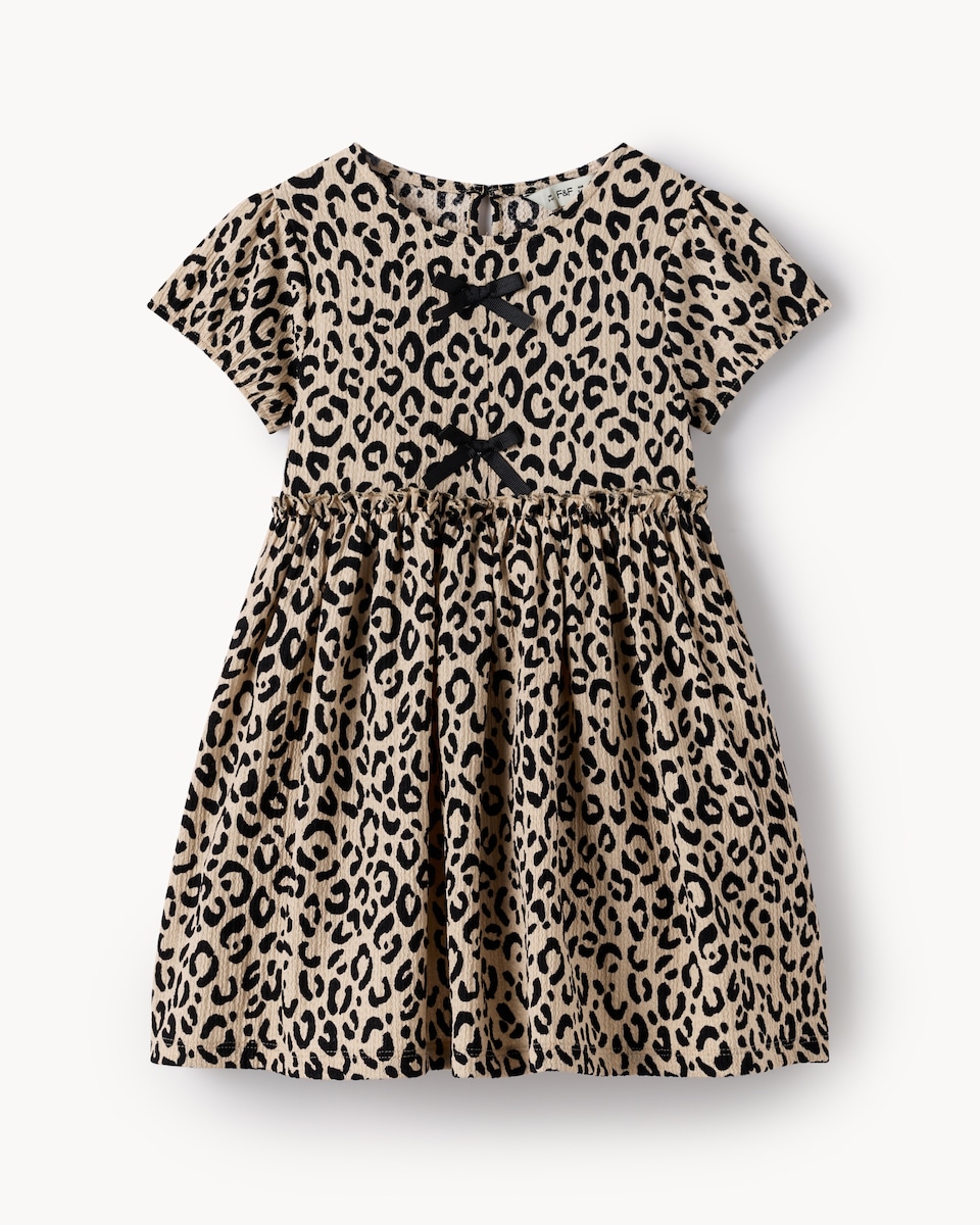 image 1 of F&F Girls Leopard Print Short Sleeved Dress in Multi Brown