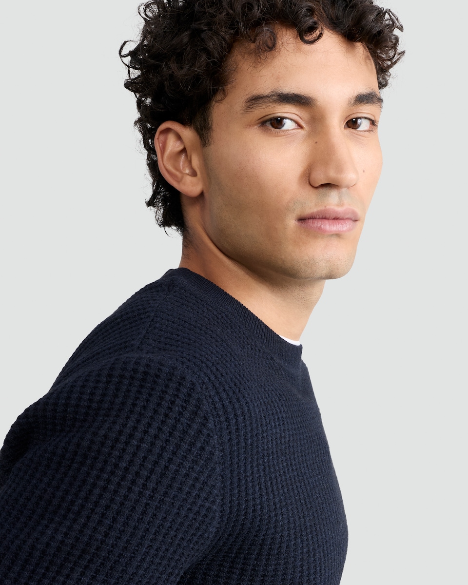 image 1 of F&F Waffle Knit Crew Neck Jumper with Wool in Navy