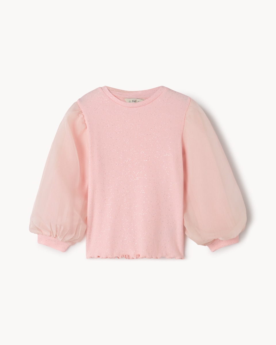 image 1 of F&F Girls Cotton Rich Mesh Sleeved Top in Pink
