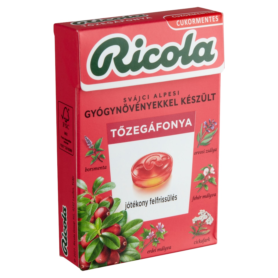 Ricola Tőzegáfonya cukormentes svájci gyógynövény cukorkák 40 g  1. kép