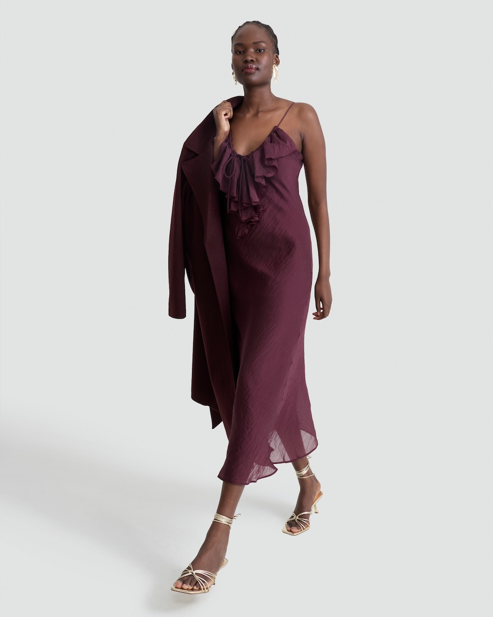 image 1 of F&F V Neck Ruffle Front Strappy Midi Dress in Burgundy