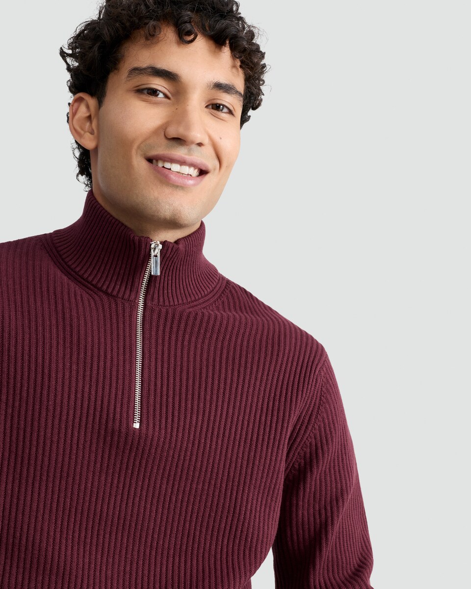 image 1 of F&F Pure Cotton Ribbed Half Zip Jumper in Burgundy
