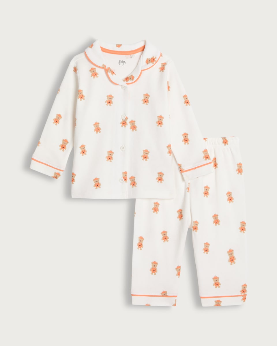 image 1 of F&F Baby Pure Cotton Teddy Pumpkin Print Pyjama Set in White