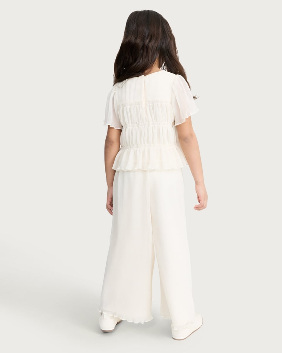 image 1 of F&F Girls 2-Piece Frill Trim Top and Trousers Set in Cream