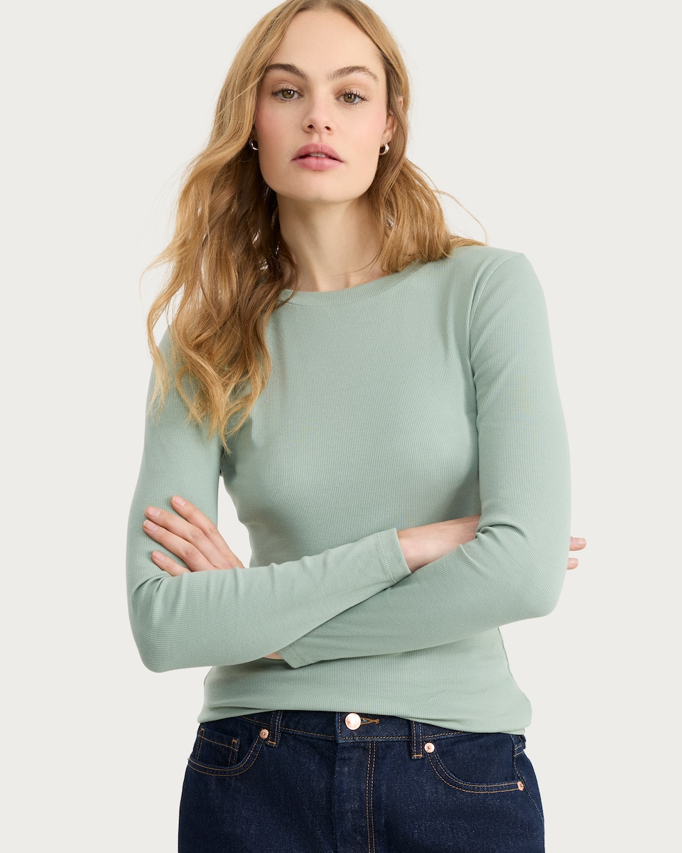 image 1 of F&F Cotton Rich Crew Neck Long Sleeved Top in Green