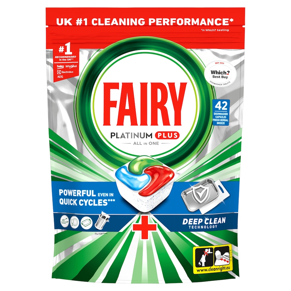 image 1 of Fairy Platinum Plus Deep Clean Dishwasher Tablets