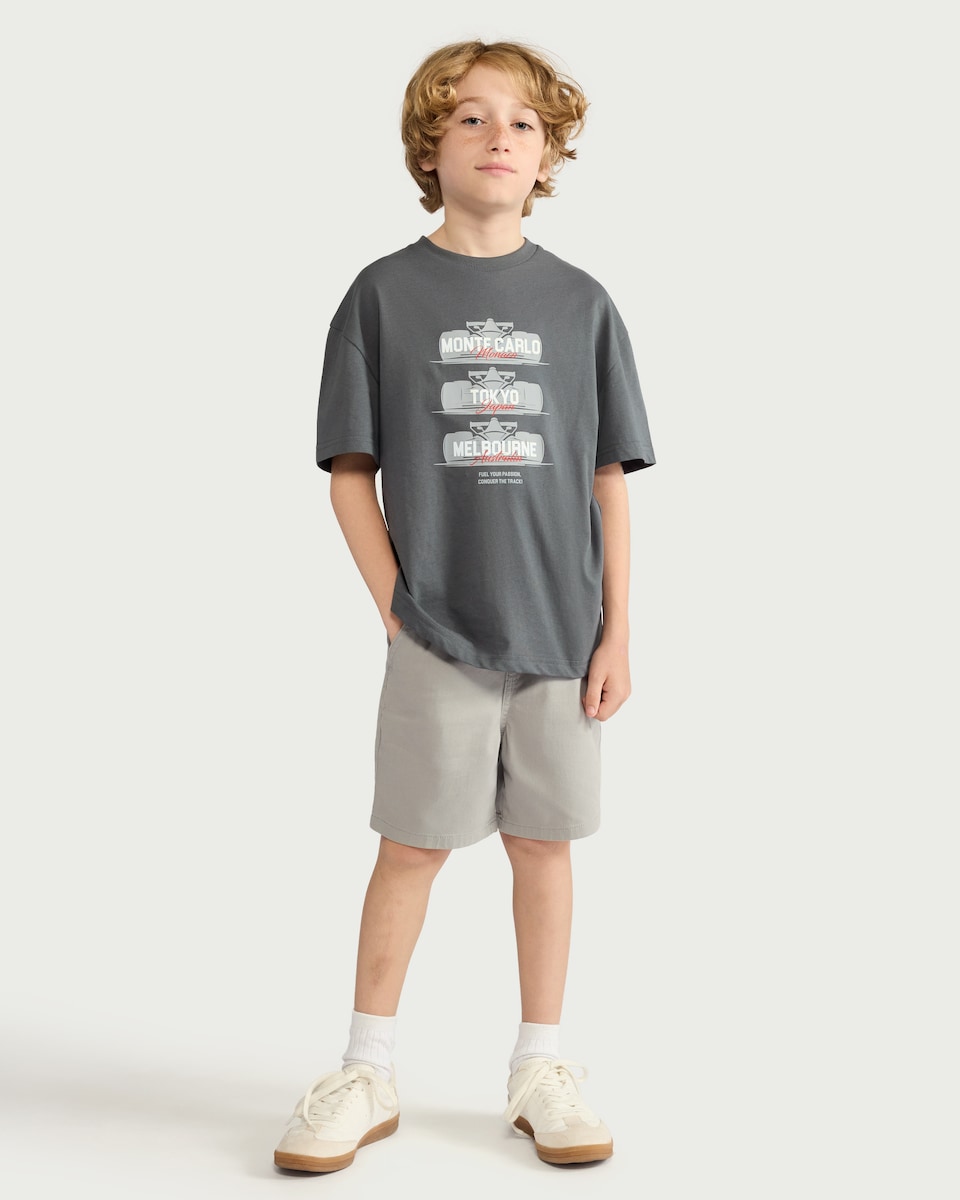 image 1 of F&F Boys Pure Cotton Racing Car Print Oversized Fit T-Shirt in Grey