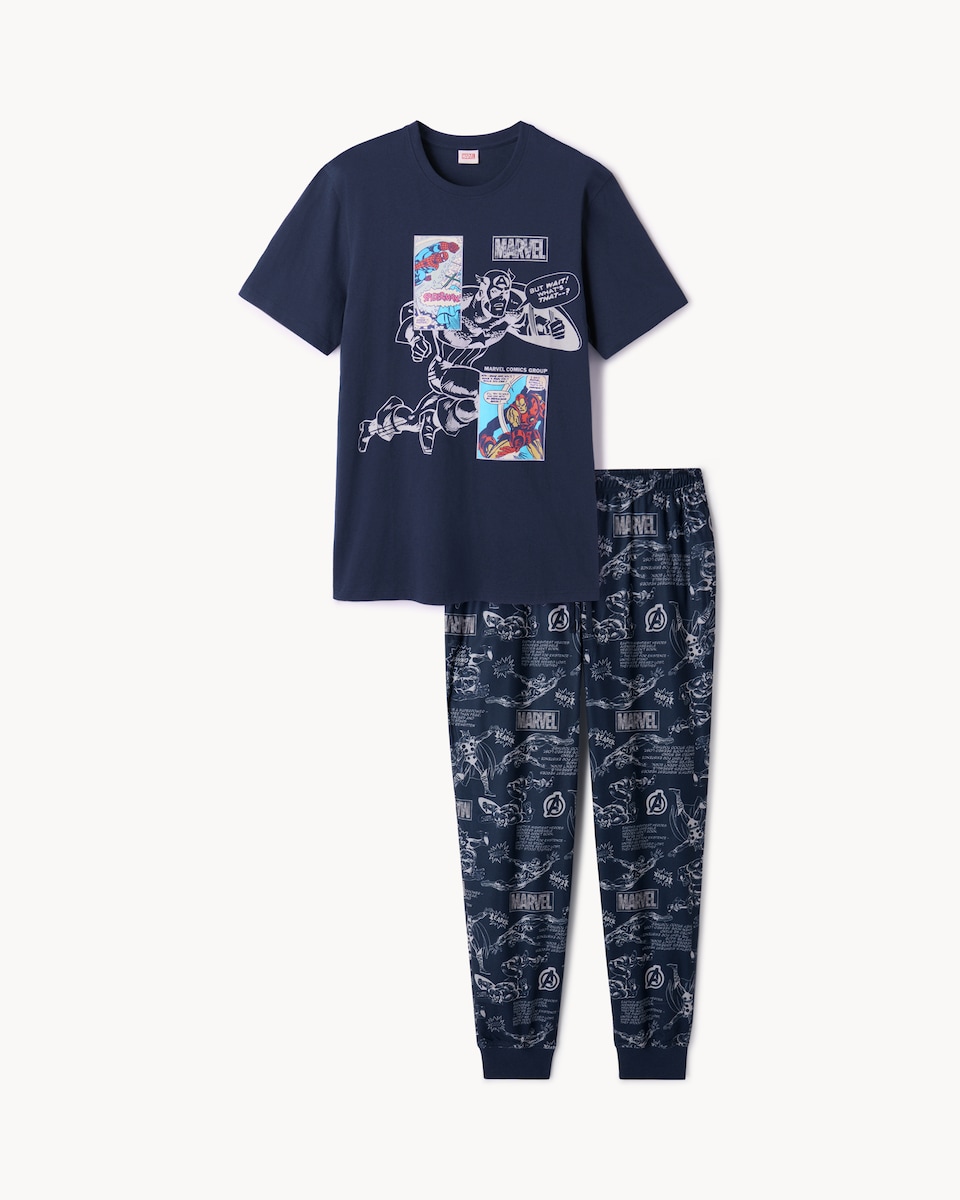 image 1 of Marvel Cotton Rich Fleece Bottoms Pyjama Set in Black