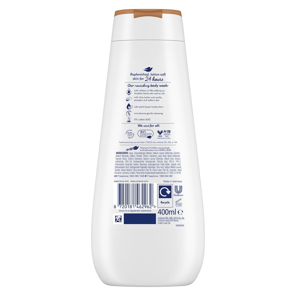image 1 of Dove Pampering 24hr Moisturisation Advanced Care Body Wash Shower Gel Shea Butter & Vanilla 400ml