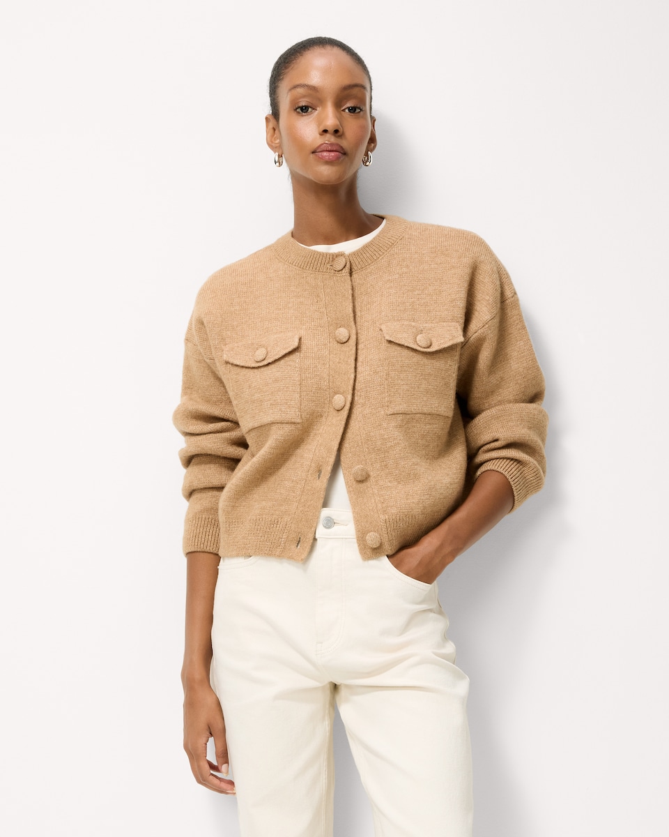 image 1 of F&F Military Crew Neck Cardigan with Wool in Camel
