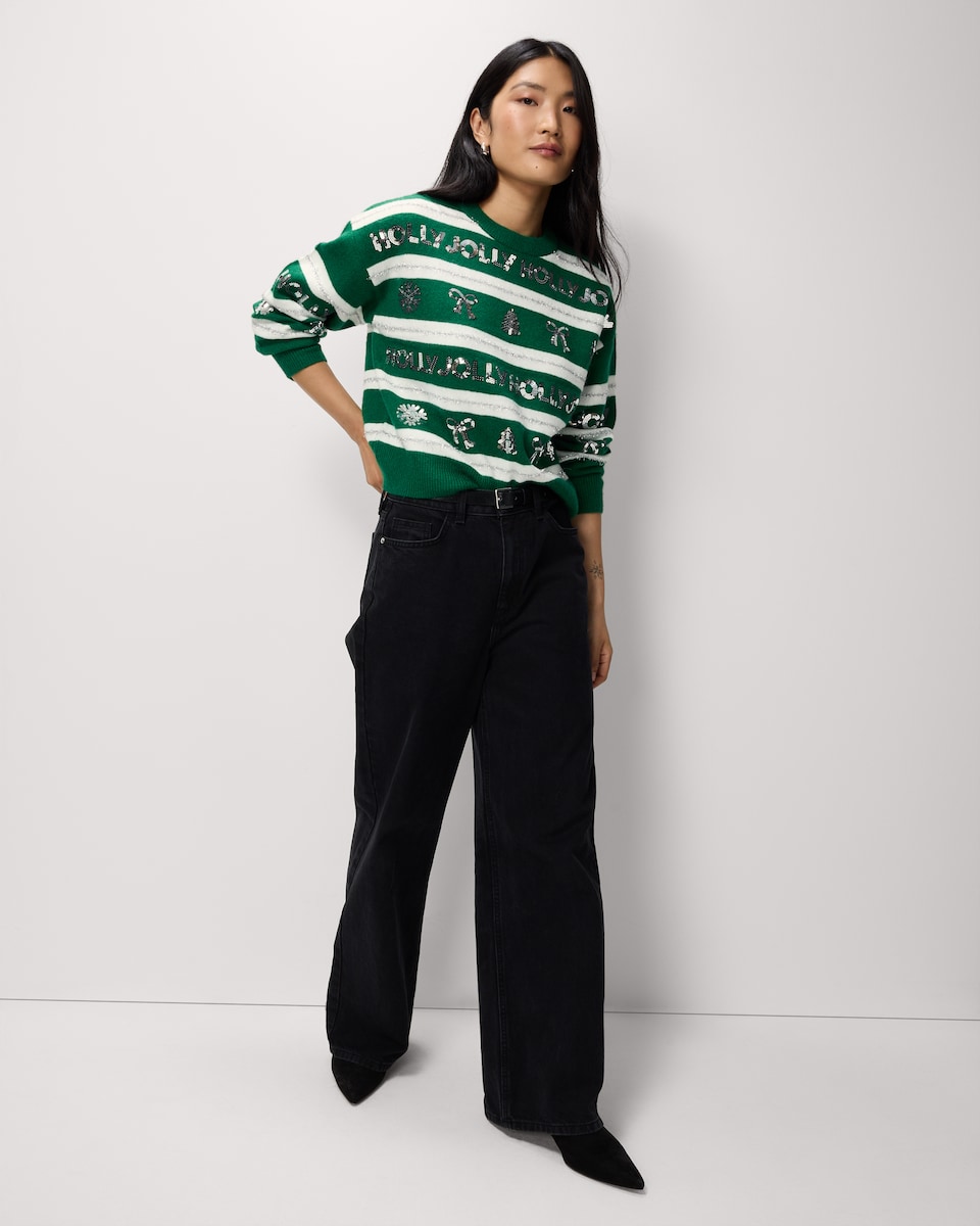 image 1 of Christmas Striped Sequin Embellished Christmas Jumper in Green