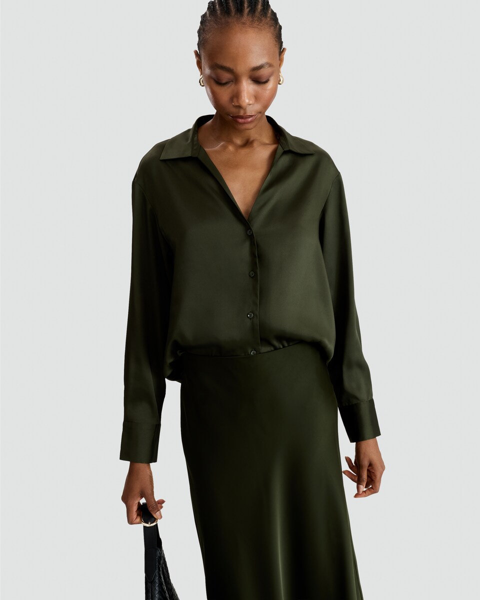 image 1 of F&F Satin Button Up Shirt in Khaki