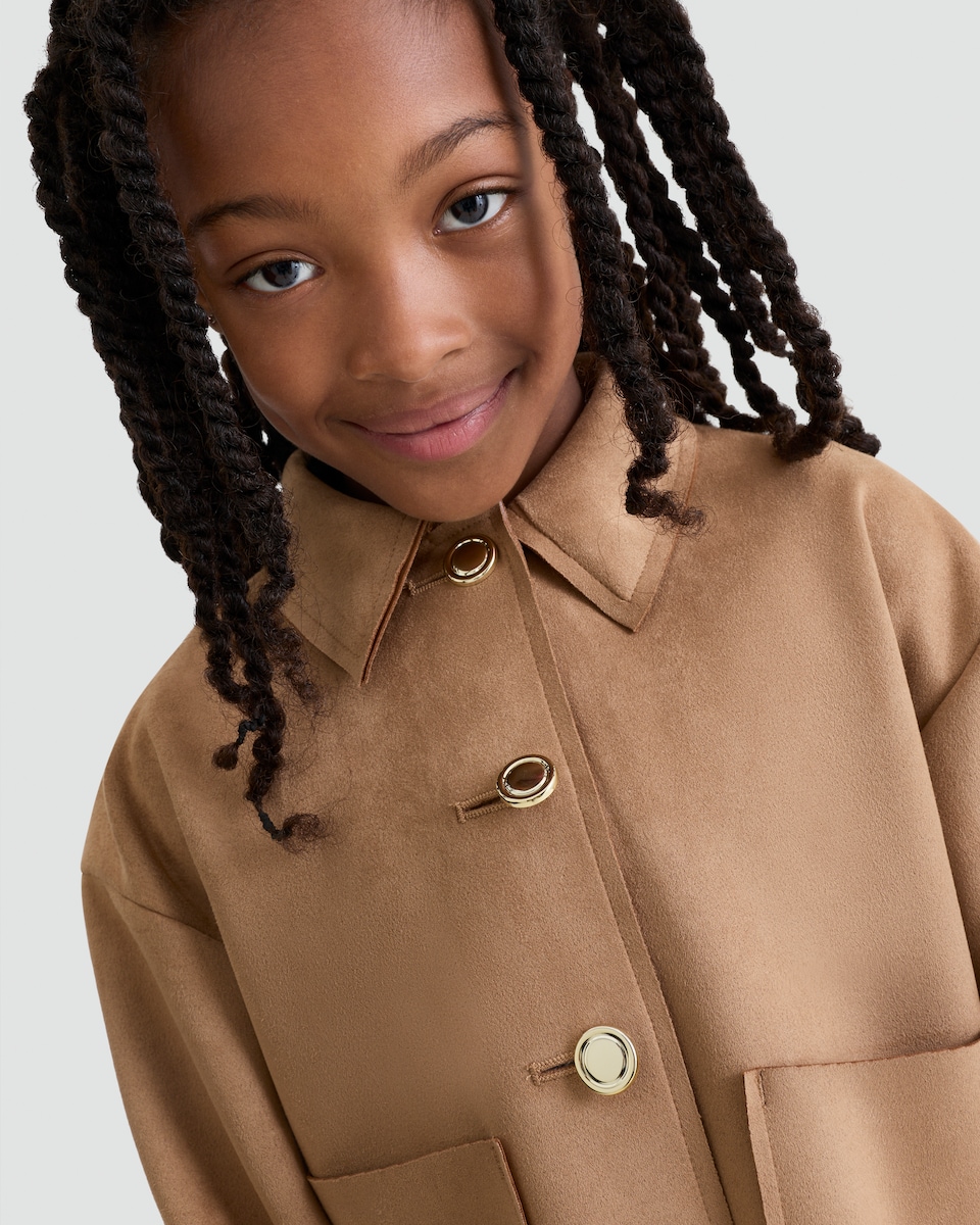 image 1 of F&F Girls Faux Suede Button Up Jacket in Brown