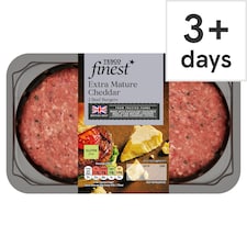 Tesco Finest Extra Mature Cheddar 2 Beef Burgers 340g