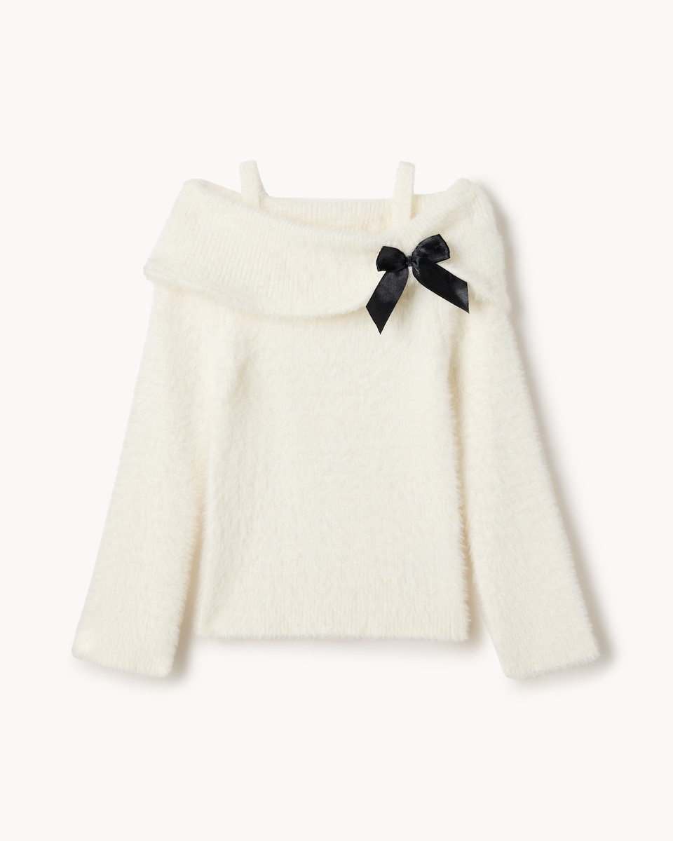 image 1 of F&F Girls Bardot Bow Jumper in Cream