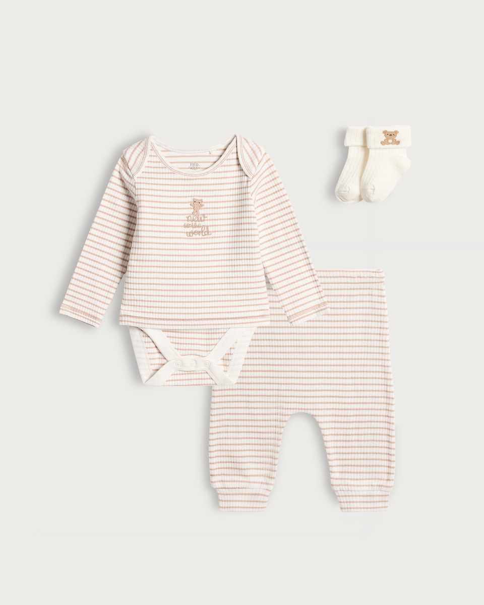 image 1 of F&F Baby 3-Piece Cotton Rich Teddy Bear Bodysuit, Legging and Socks Set in White